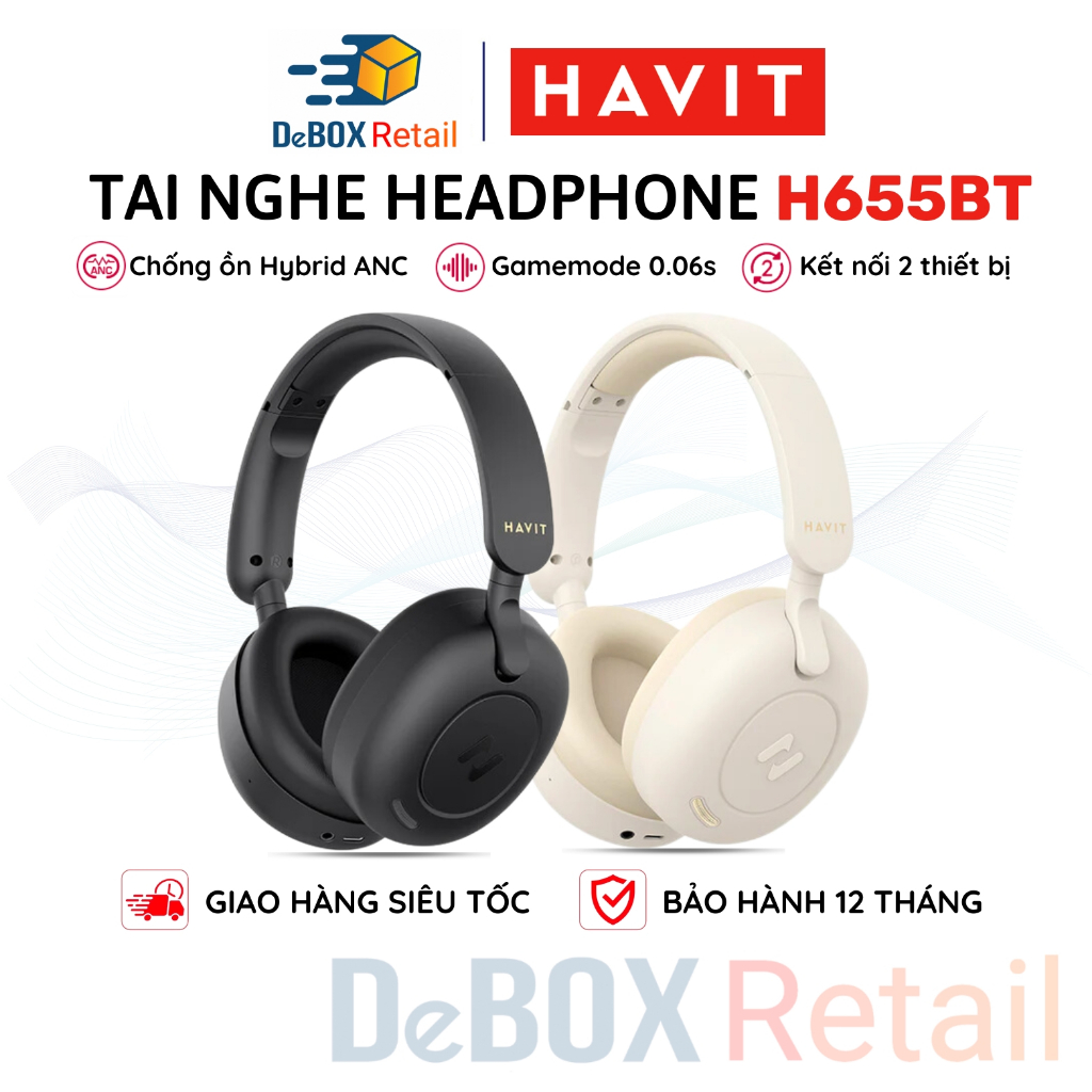 Tai Nghe Headphone Bluetooth HAVIT H655BT, BT 5.3, Chống Ồn Chủ Động ANC, Gamemode 0.06s, Nghe Đến 6