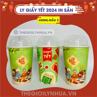 [SET 100] Ly giấy 450ml mẫu Tết 2024, cốc giấy in sẵn họa tiết năm mới màu xanh, ly giấy 16oz đựng trà sữa mẫu 3