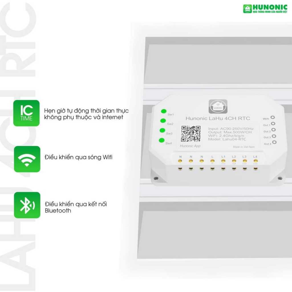 Công tắc WIFI thông minh Hunonic Lahu RTC 4 kênh, điều khiển từ xa trên điện thoại, hẹn giờ tự động kể cả mất wifi
