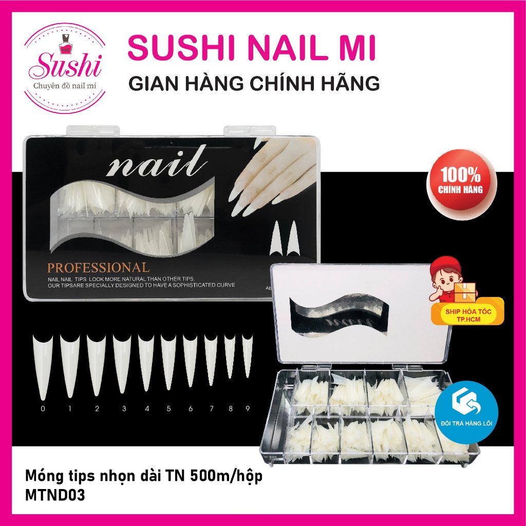 Móng tip nối nhọn, thang dài 500m/ hộp chuyên dụng - Sushi nail mi