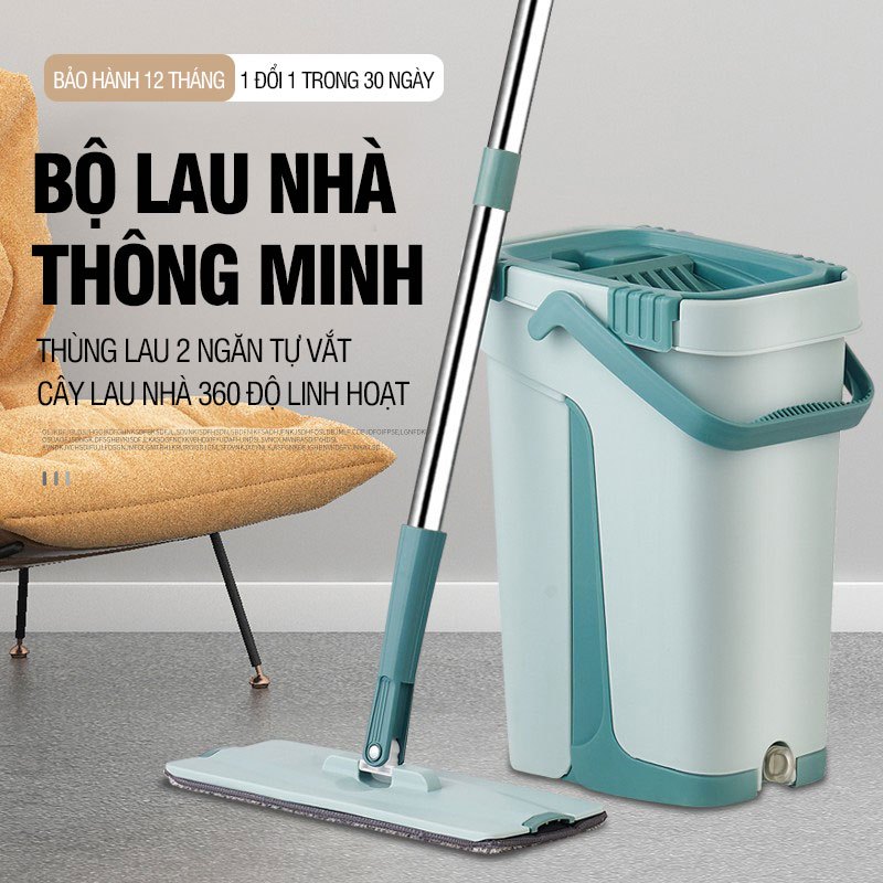 Bộ lau nhà thông minh Kitimop-S1 có thùng lau nhà 2 ngăn tự vắt, chổi lau nhà xoay 360 độ lau sạch khô nhanh, 2 bông lau