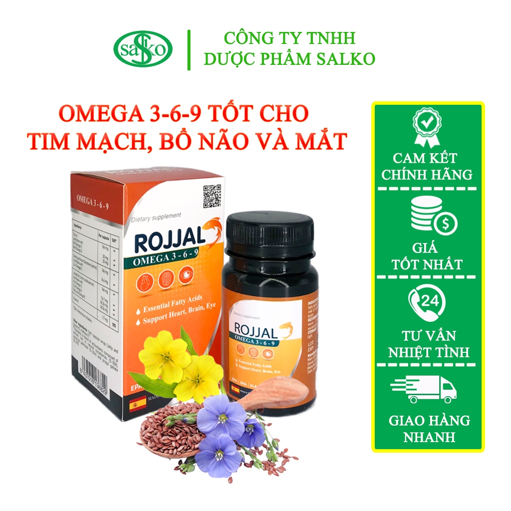 Omega 3-6-9 ROJJAL, chiết xuất dầu cá hồi, hạt lanh, hoa anh thảo, vitamin E, giúp bổ mắt, bổ não, nhập khẩu Tây Ban Nha