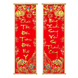 Tranh liễn câu đối trang trí tết 2024 - "chúc tết đến trăm điều như ý, mừng xuân sang vạn sự thành công"