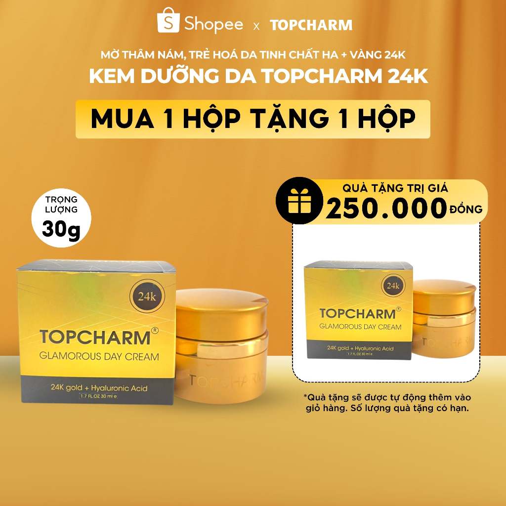 Kem mờ thâm nám TOPCHARM 30g - Kem dưỡng trắng da mặt, trẻ hóa làn da từ tinh chất HA + 24K GOLD