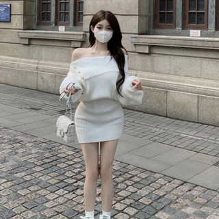 Áo len trễ vai 3 khuy ❤ váy ôm body cổ bèo chất len dày dặn na11