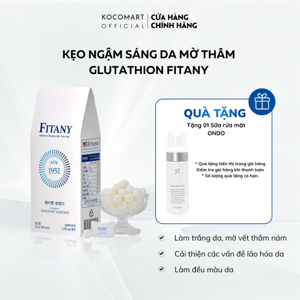 Kẹo ngậm hỗ trợ sáng da, mờ thâm Vitamin C GLUTATHIONE 3000mg FITANY