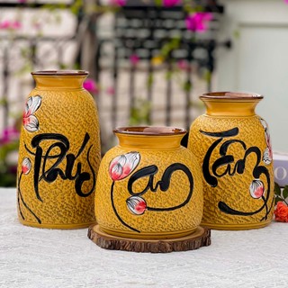 Bộ 3 bình hoa gốm mộc khắc tay họa tiết hoa sen màu xanh lục, lọ cắm hoa decor trang trí cao cấp, sang trọng