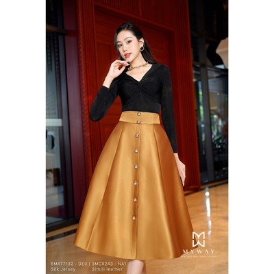 Chân Váy Xòe Midi Nữ MY WAY Chất Liệu Simili Leather Cao Cấp Đính Cúc Sang Trọng 3MCX243W NA1