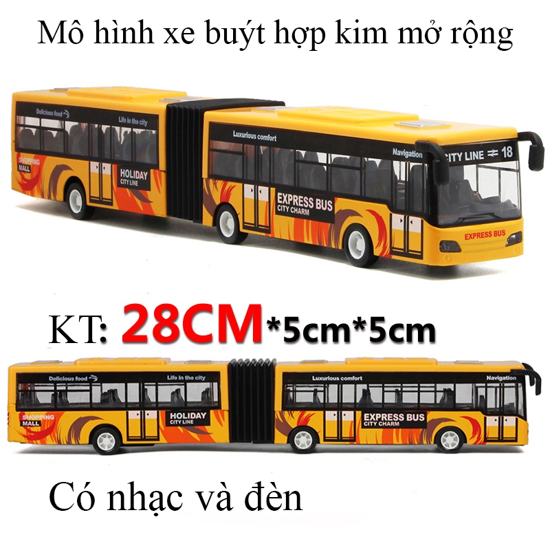 Đồ chơi mô hình xe buýt mở rộng bằng hợp kim có nhạc và đèn chạy cót dài 28 cm