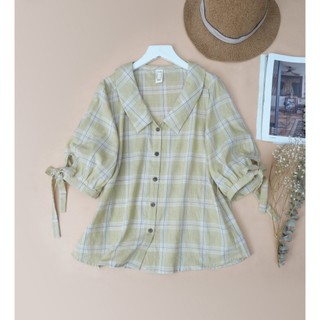 Áo sơ mi Kachisa Linen caro phối nơ tay nhẹ tênh - 541