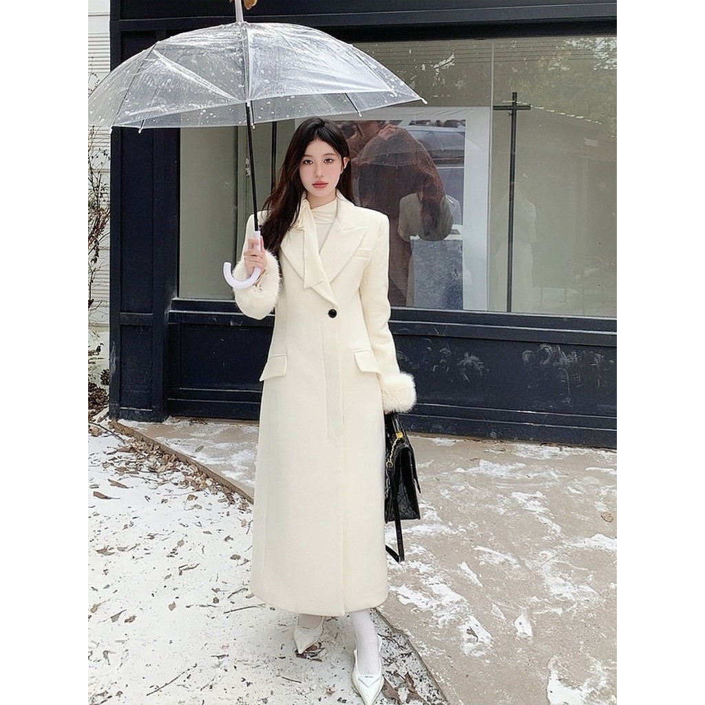Áo khoác dạ dáng dài phối tay lông YIMI 2 màu trắng, nâu thời trang