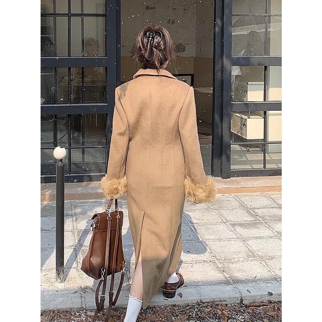 Áo khoác dạ dáng dài phối tay lông YIMI 2 màu trắng, nâu thời trang