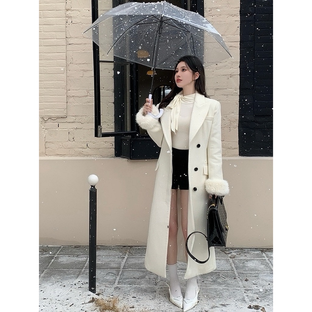 Áo khoác dạ dáng dài phối tay lông YIMI 2 màu trắng, nâu thời trang