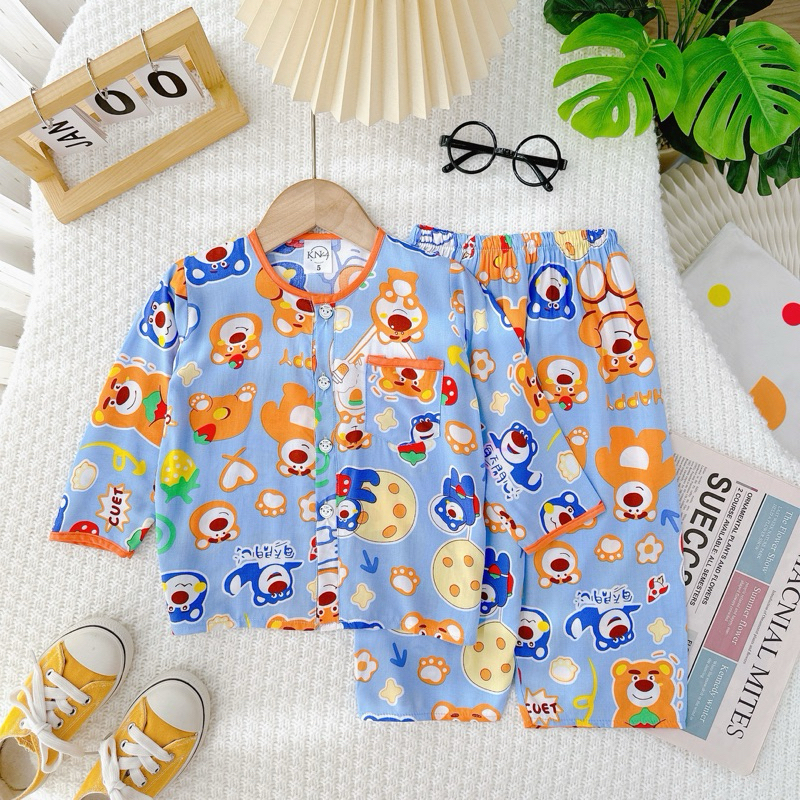 Bộ tole / lanh tay dài quần dài bé trai cài nút giữa 9-37kg