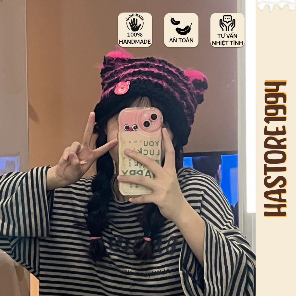 Mũ lông chồn Mũ len tai mèo mix lông mềm mại Black pink - Cat beanie hat - Mũ len handmade