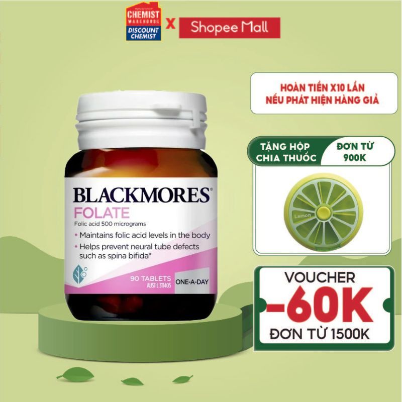 Viên uống Blackmores Folate 500mcg phòng dị tật thai nhi 90 viên của Úc