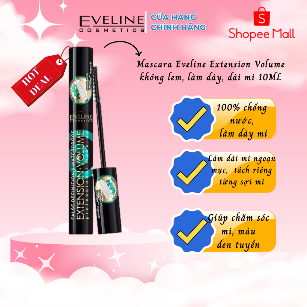 Mascara Eveline Extension Volume không lem, làm dày, dài mi 10ML