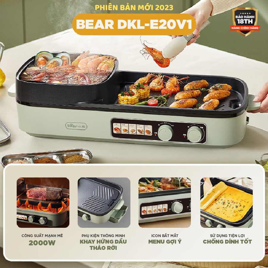 Nồi lẩu nướng điện đa năng 3.5L Bear DKL- E20V1, Công suất lớn 2000W, Lẩu Nướng Chiên Xào Áp chảo, Khay chứa dầu, BH 18T
