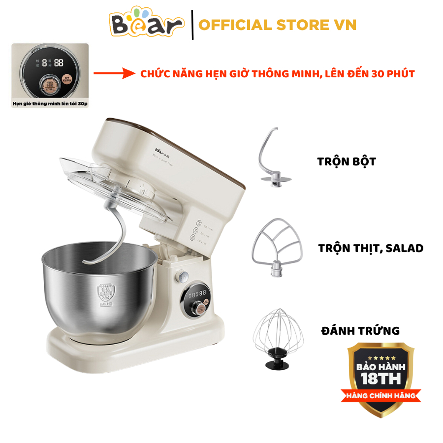 Máy đánh trứng trộn bột để bàn đa năng 5L tự động BEAR SJJ-E08G1, 1000W, đánh trứng nhào bột trộn thịt, BH 18 tháng