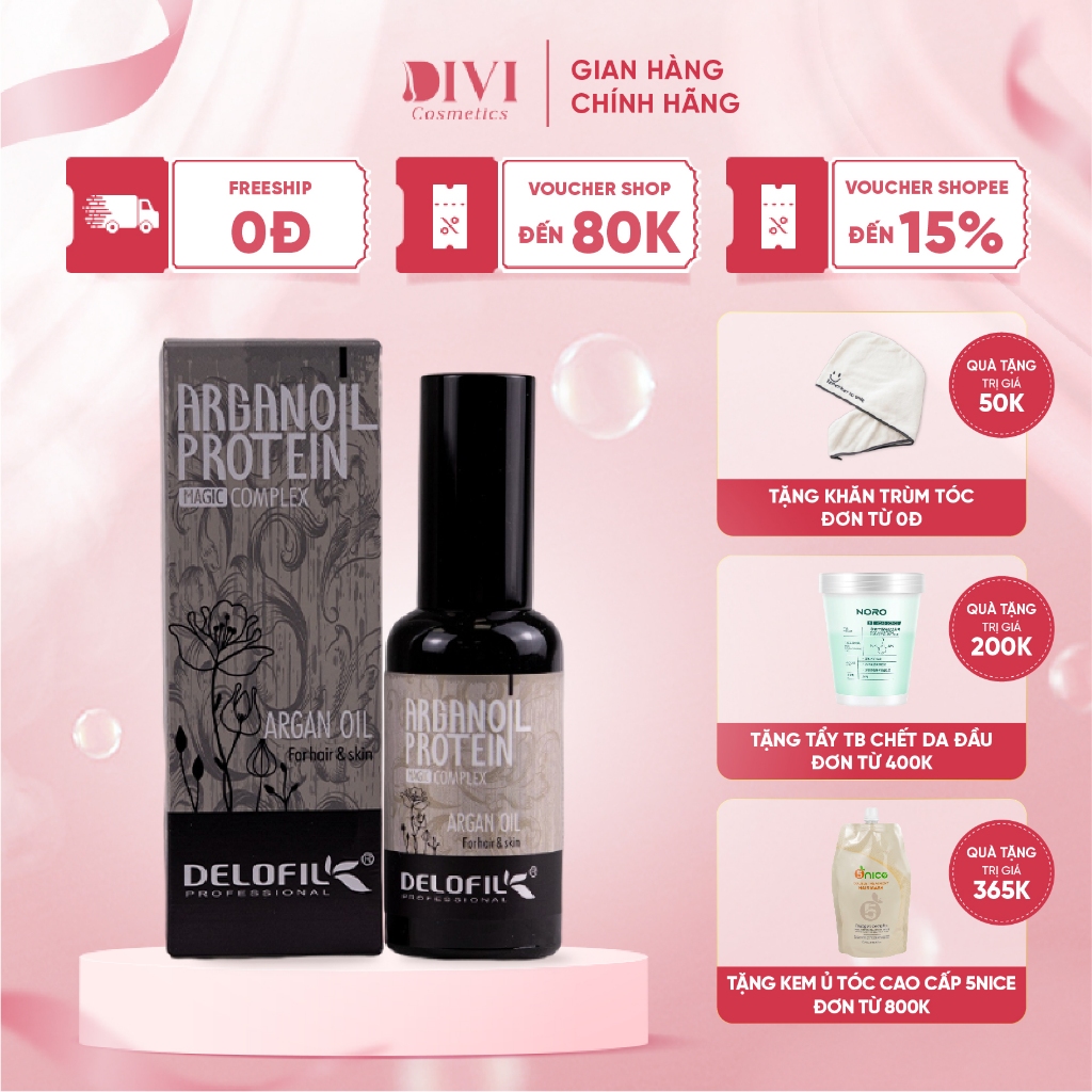 Tinh dầu dưỡng tóc Delofil Argan Oil với collagen keratin phục hồi sâu tóc hư tổn, xơ yếu 50ml - Mỹ phẩm Divi