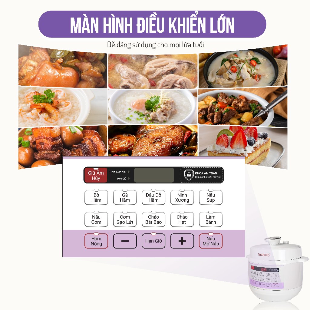 Nồi Áp Suất Điện Đa Năng Masuto 10in1 Dung Tích 5L Kho Hầm Nhừ Nấu Cơm Nấu Lẩu Đa Năng Có Nấu Mở Nắp