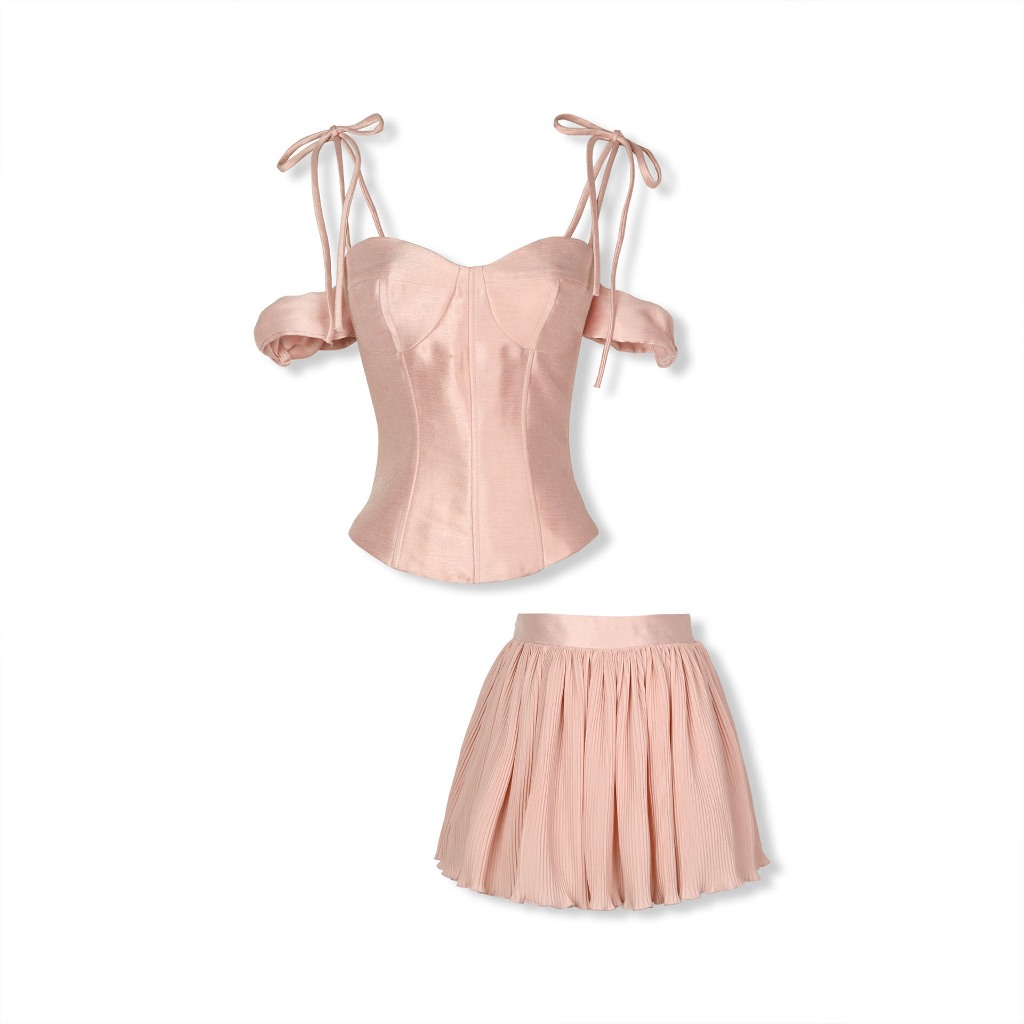 Set Áo Nữ Strap Crop Top With Short Skirt, Chất Vải Áo Tafta Xước, Chân Váy Vải Lụa,WSB096,SOMEHOW