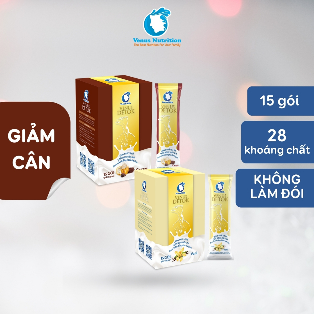 Venus Detok Giảm Cân, kiểm soát cân nặng Vị Cacao, Vị Vani Venus Nutrition không cần ăn kiêng – Hộp 375G/15 gói