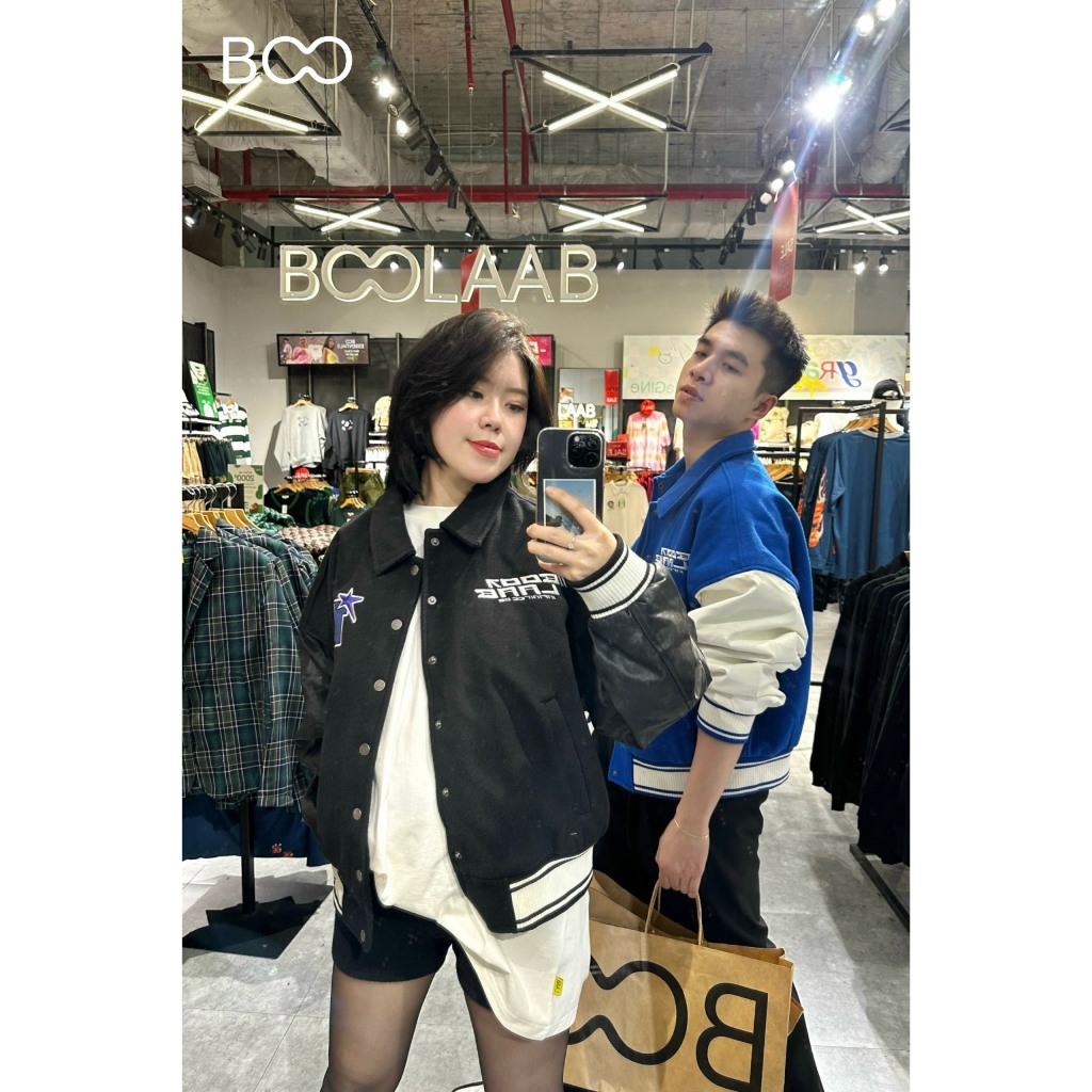 Áo Khoác Dạ Ép Unisex BOO Dáng Ngắn Varsity Phối Tay Da Infinitee 06 BOOLAAB