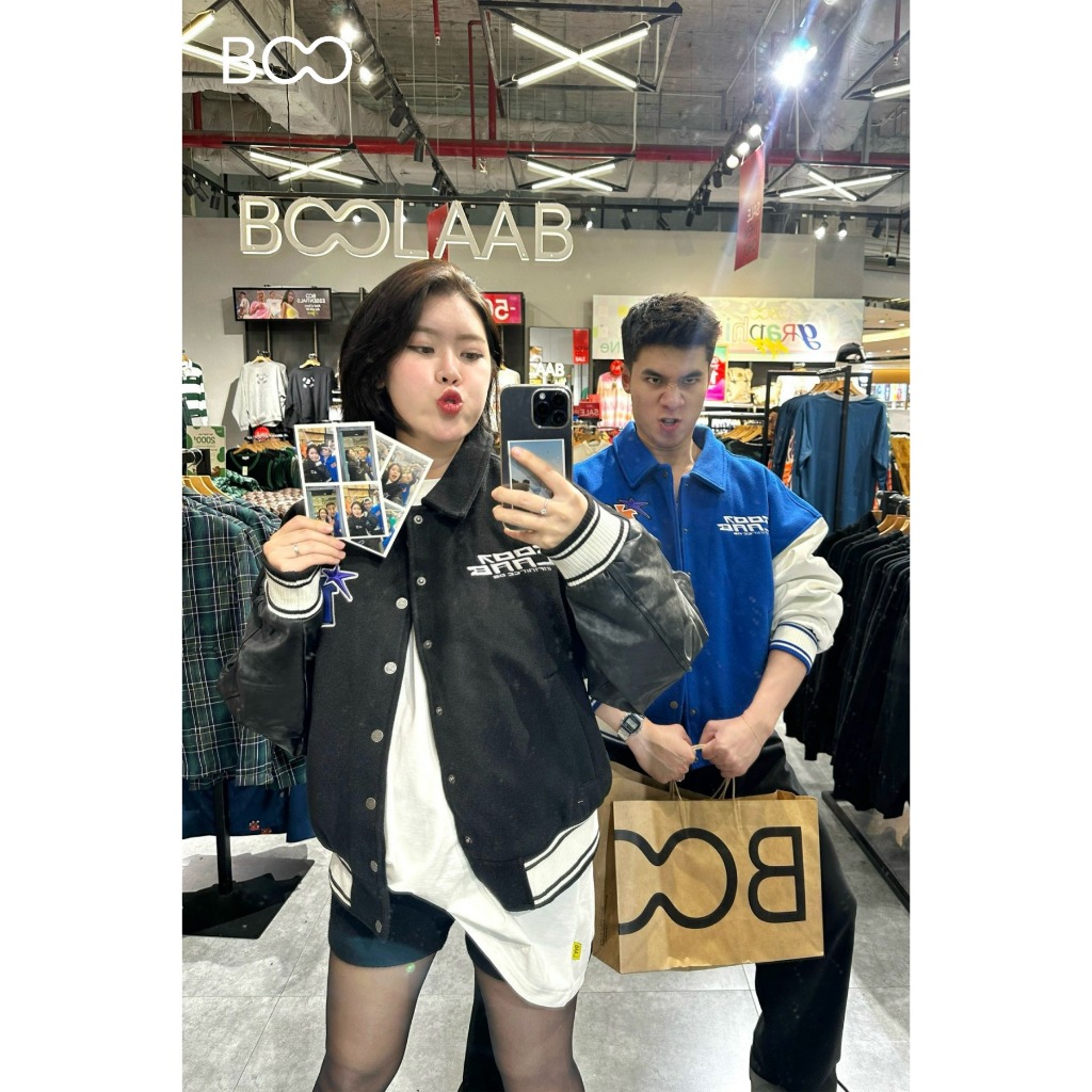 Áo Khoác Dạ Ép Unisex BOO Dáng Ngắn Varsity Phối Tay Da Infinitee 06 BOOLAAB
