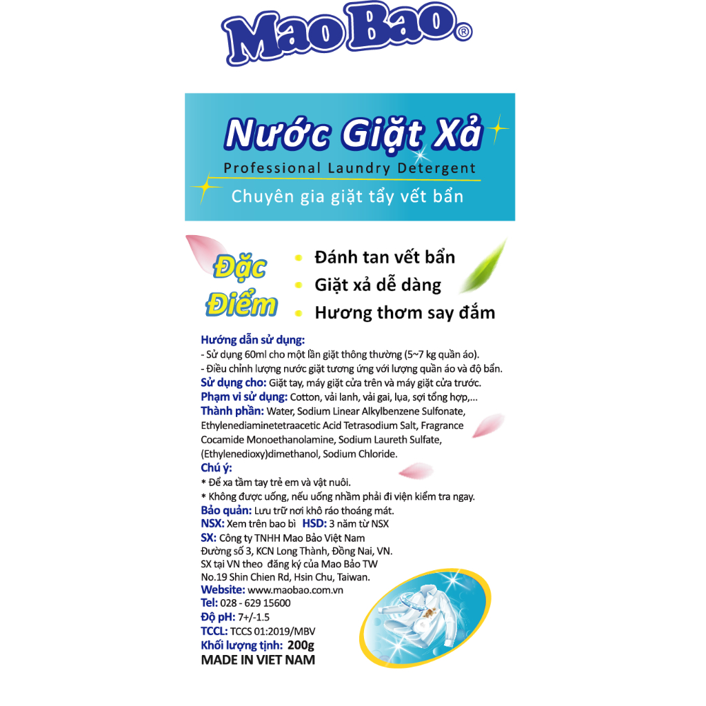 Nước Giặt Xả Mao Bao Chai 500g chuyên giặt tẩy vết bẩn