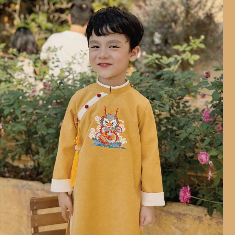 ÁO DÀI BÉ TRAI THÊU RỒNG CHẤT NHUNG TĂM ĐANH MỊN