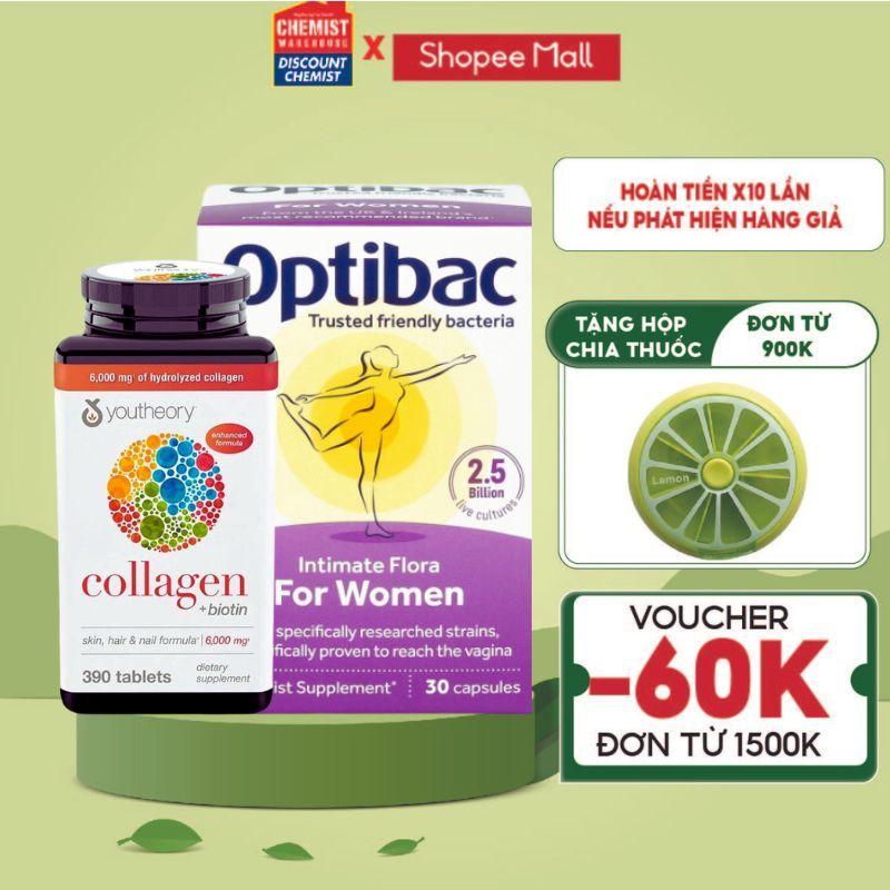 Bộ đôi Youtheory Collagen Biotin 6000mg và men vi sinh Optibac For Women chống lão hóa, làm đẹp da, tăng cường lợi khuẩn