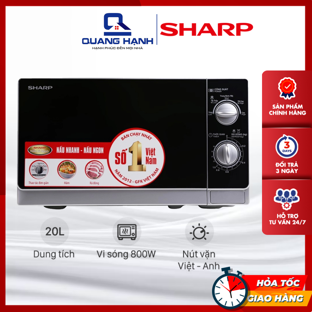 Lò Vi Sóng SHARP R-205 R-205VN(S) 20 Lít Công Suất 800W 3 Chức Năng 5 Mức Nhiệt Điều Khiển Cơ