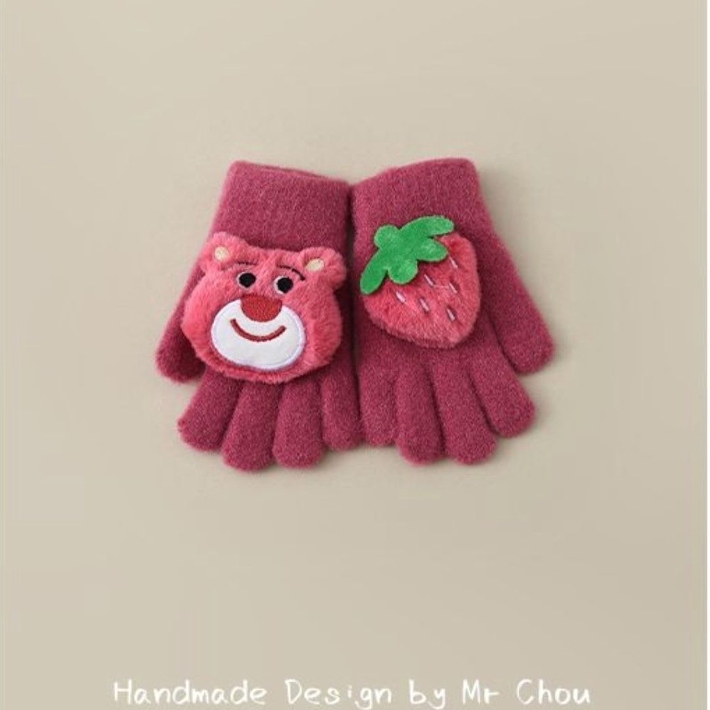 Găng tay len gấu dâu - Găng Tay Giữ Ấm Mùa Đông Họa Tiết Gấu Dâu Tây Cho Bé Gái 3-8 Tuổi (tuyển sỉ)