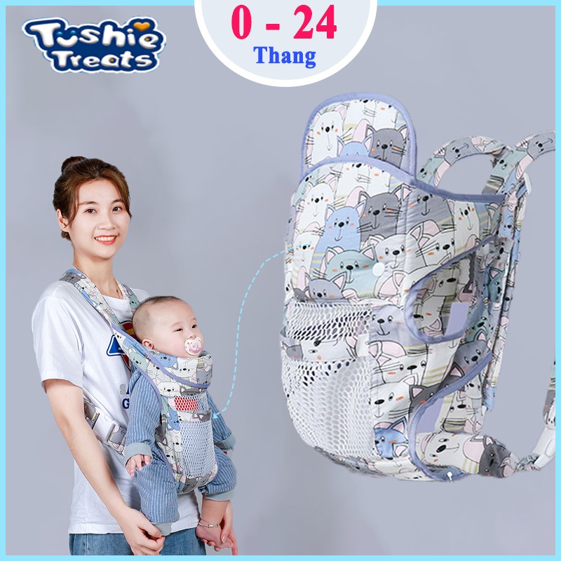 Tushie Treats Đai địu vải cho em bé sơ sinh, trẻ em 36 tháng tuổi | Địu 4 Tư thế có đỡ cổ, An toàn ngồi xe máy