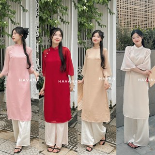 [SHIP HỎA TỐC] Set áo dài cách tân nữ voan tơ đính hoa cúc ngọc cách điệu HAVANA AD06