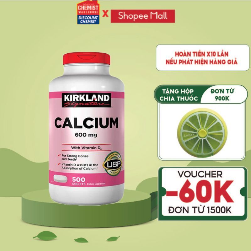 Viên uống Kirkland Signature Calcium 600mg+D3 duy trì hệ xương khớp khỏe mạnh 500 viên