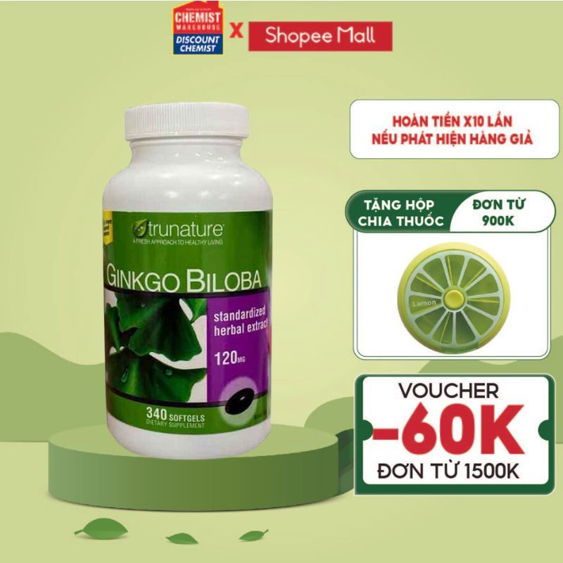 Viên uống bổ não trunature Ginkgo Biloba 120mg của Mỹ 340 viên hỗ trợ tuần hoàn máu não