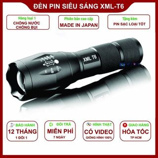 [Made In Japan]Đèn Pin Siêu Sáng XML-T6 chính hãng chống nước tặng kèm pin sạc.