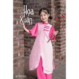 Bộ áo dài tết cách tân bé gái Họa Xuân thiết kế tay bồng họa tiết hoa nhí lót lụa Châu Sa cao cấp (14 - 35kg) [AD047]