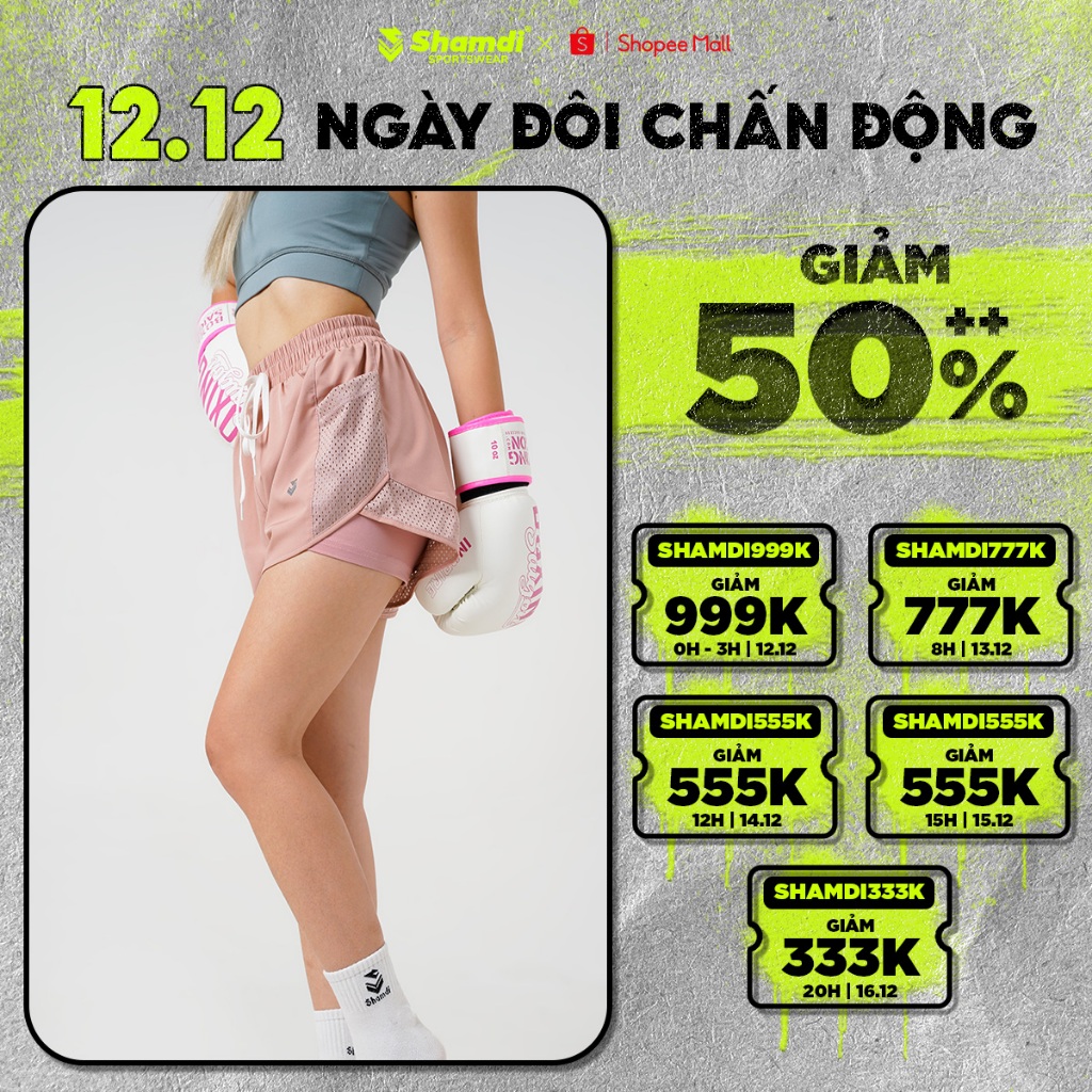 Quần Short Nữ Tập Gym Yoga Chạy Bộ Thể Thao 2 Lớp SHAMDI Stride Vải Lưới Năng Động Co Giãn Tốt, Thoáng Mát - SD1193