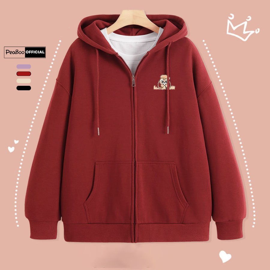 Áo Hoodie Zip, Áo Khoác Nam Nữ Unisex By PEABOO Mã Owl Chất Nỉ Bông Form Rộng Mũ 2 Lớp