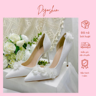 Giày cưới, Giày cao gót 9p nhủ kim tuyến hở eo đính TÚ  CẦU Trắng quyến rũ, quý phái Degoshin
