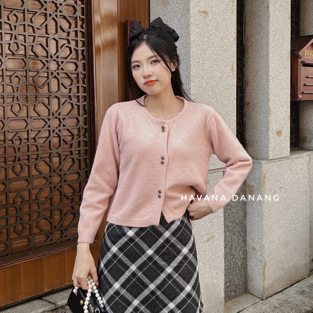 Áo len cardigan cổ tròn phối cúc hoa hồng đôi phong cách ulzzang HAVANA BE246