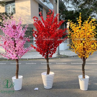 Cây Hoa Đào giả, Hoa Mai Giả trồng hoàn thiện trang trí decor nội thất phòng khách,phụ kiện chụp ảnh Tết 2024