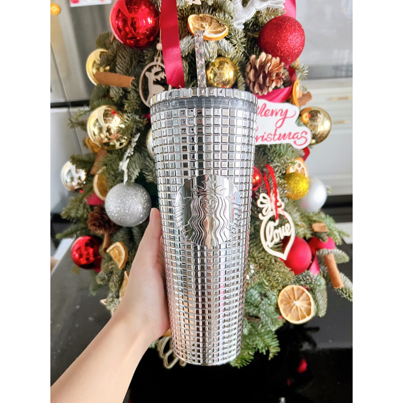 Ly Cold Cup Starbucks Grid Metallic Silver Dung Tích 709ml