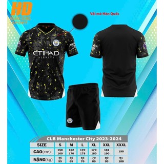 Bộ áo bóng đá Man City - MC đen chấm vàng sân khách 2024 thun mè HD