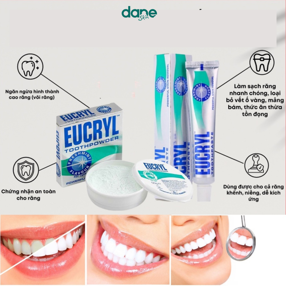 COMBO Kem đánh trắng răng Eucryl 62g và bột tẩy trắng răng Eucryl 50g - Giúp răng trắng sáng, giảm ố vàng