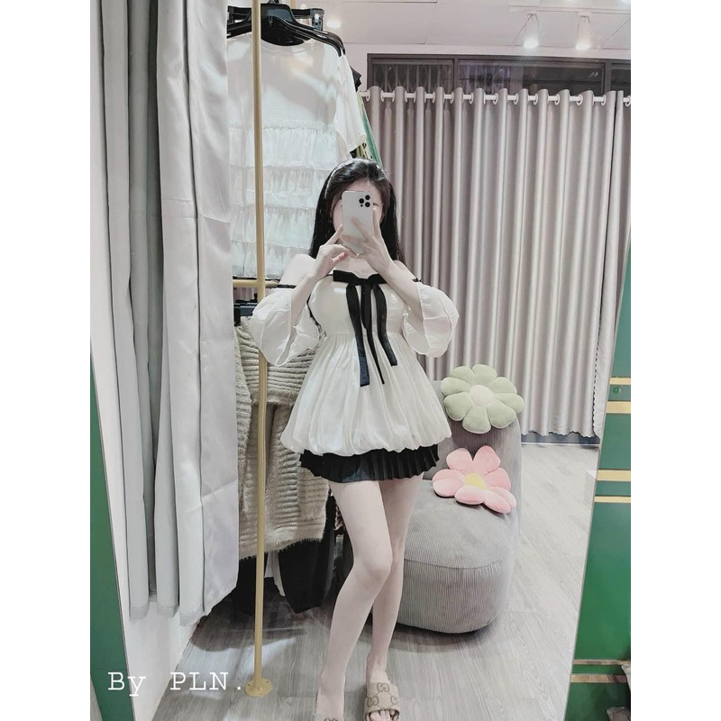 Set Váy Xếp Ly Áo Bí Bẹc Vai Voan Tơ Cột Nơ  - LanLann