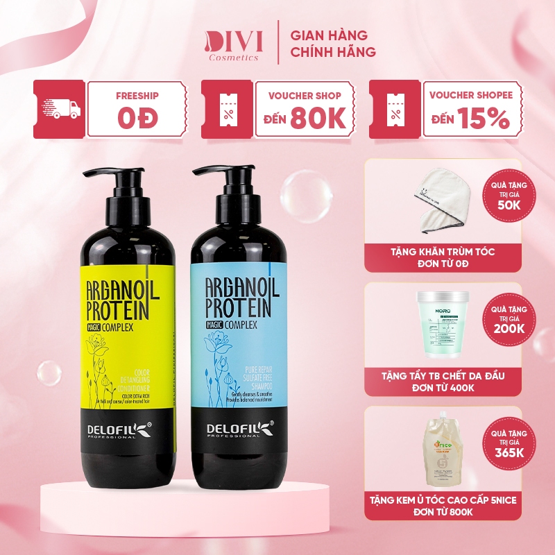 Dầu gội xả Delofil Arganoil Protein phục hồi hư tổn khô sơ giảm rụng tóc 500/800ml - Mỹ phẩm DiVi